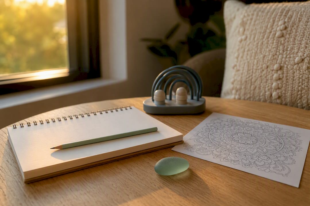 Therapy desk with CBT and mindfulness tools