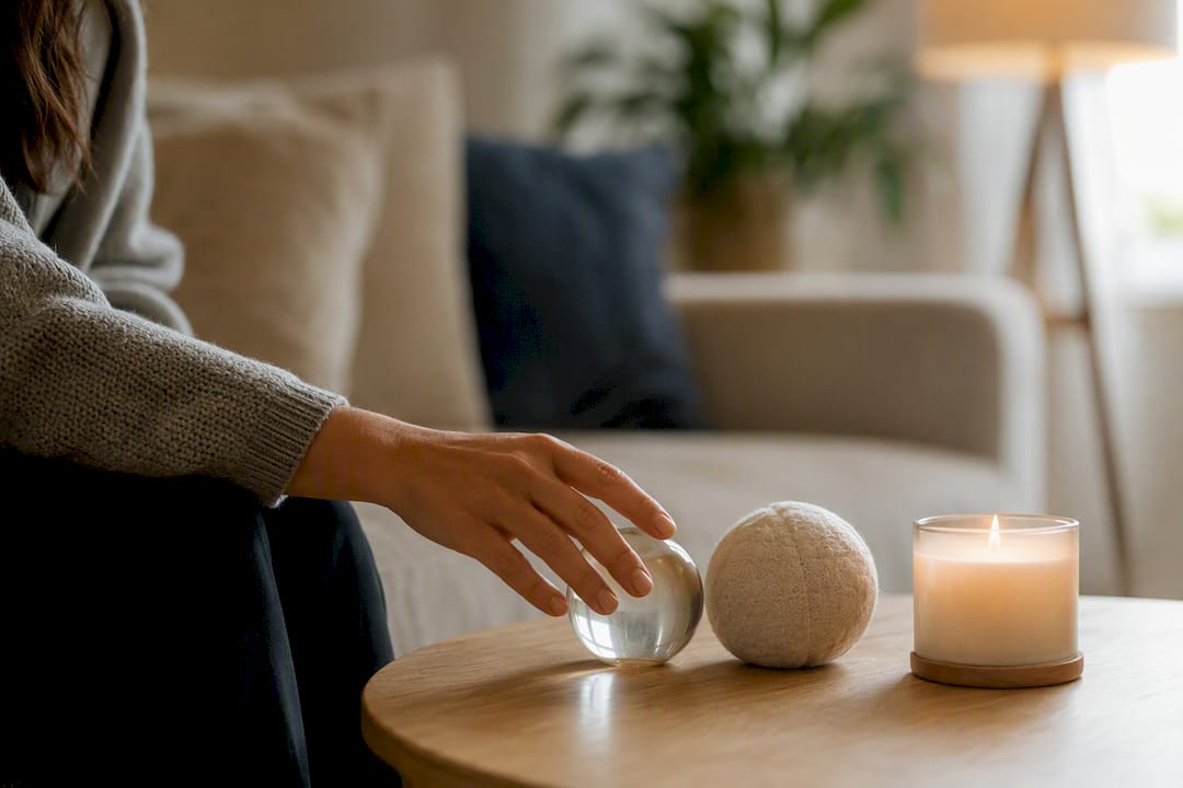 Hand touching sensory grounding objects on kitchen counter