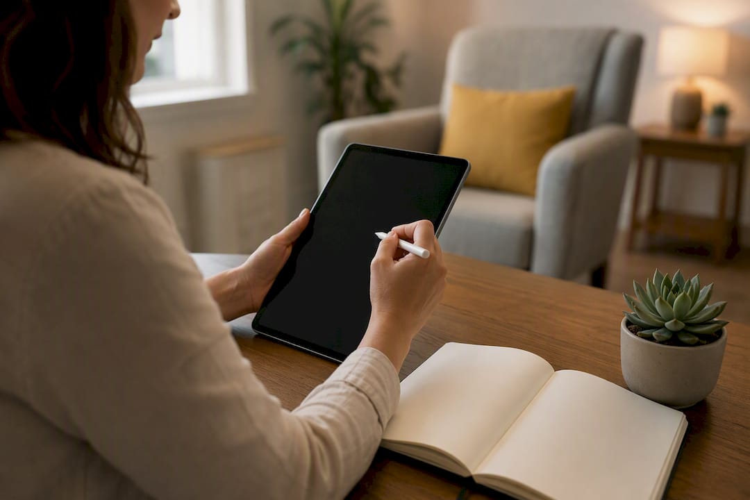 Hands updating digital planner on desk