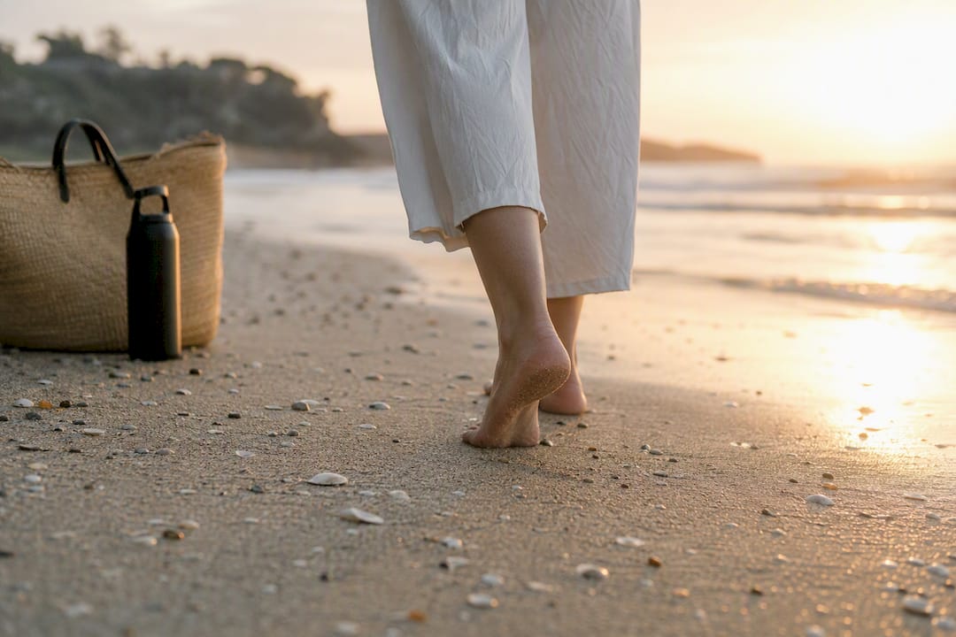 Bare feet mindful walking on trail at dawn