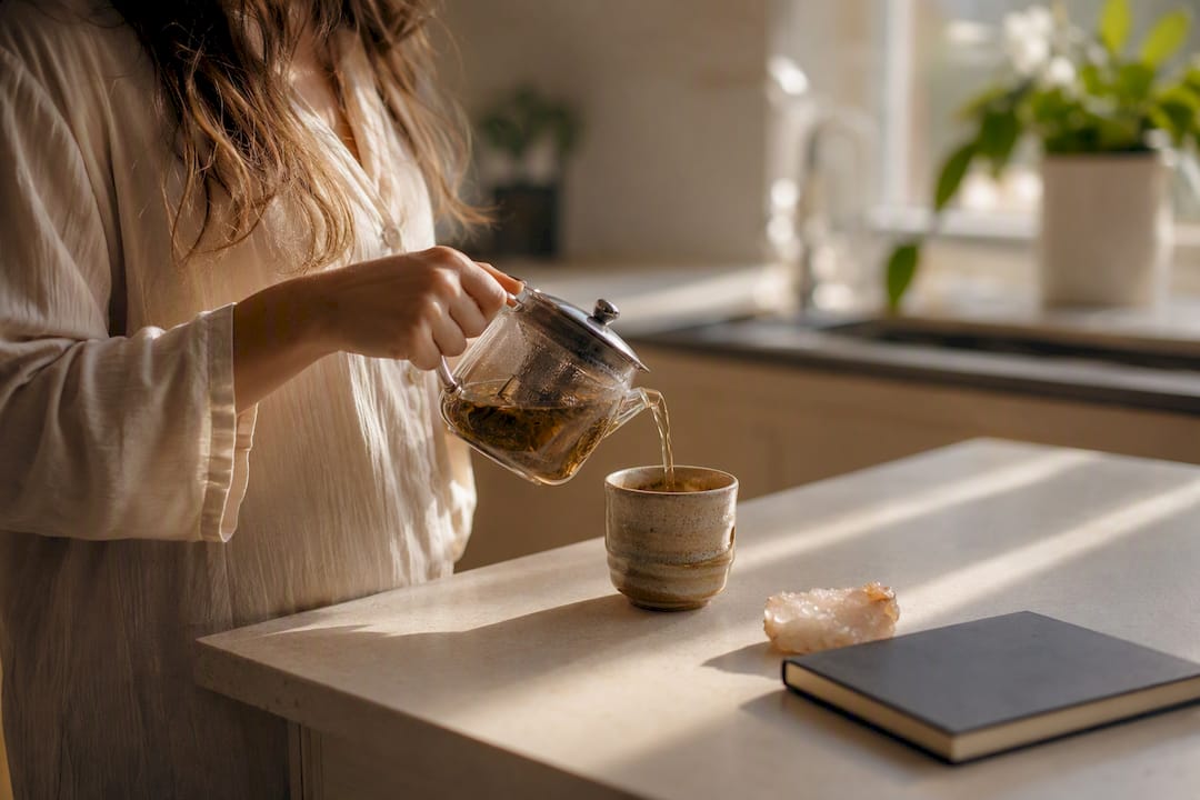 Hands pouring herbal tea to start daily mindfulness