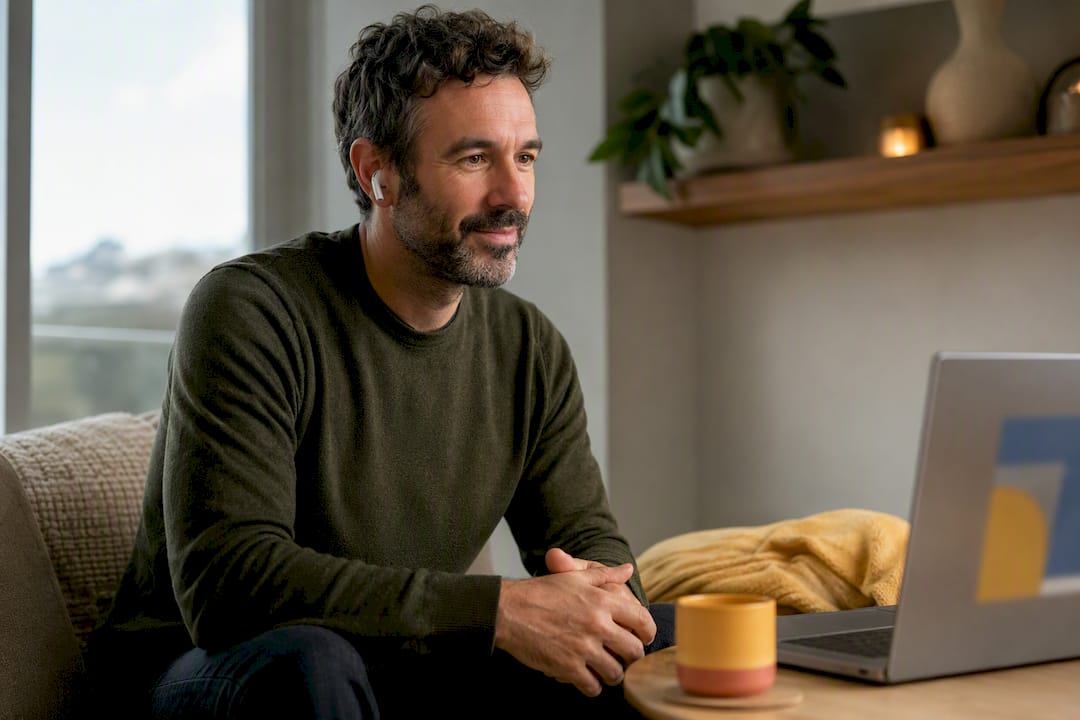 Adult attending a telehealth mindfulness therapy session