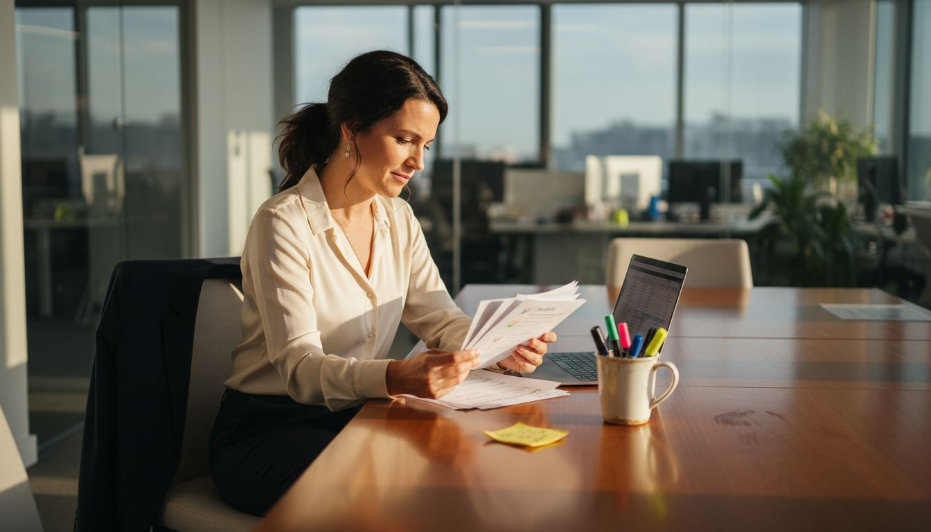 Manager reading employee feedback in conference room