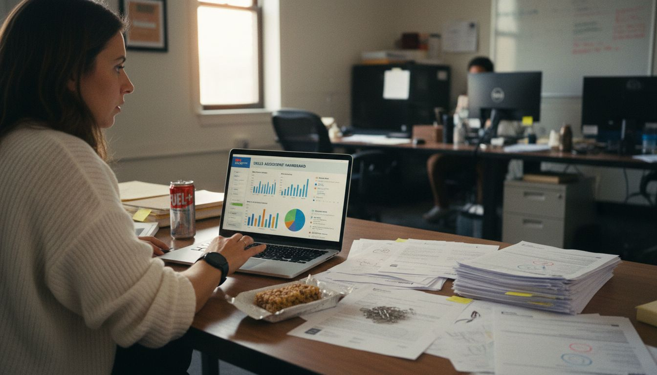 Recruiter comparing skills dashboard and resumes at desk