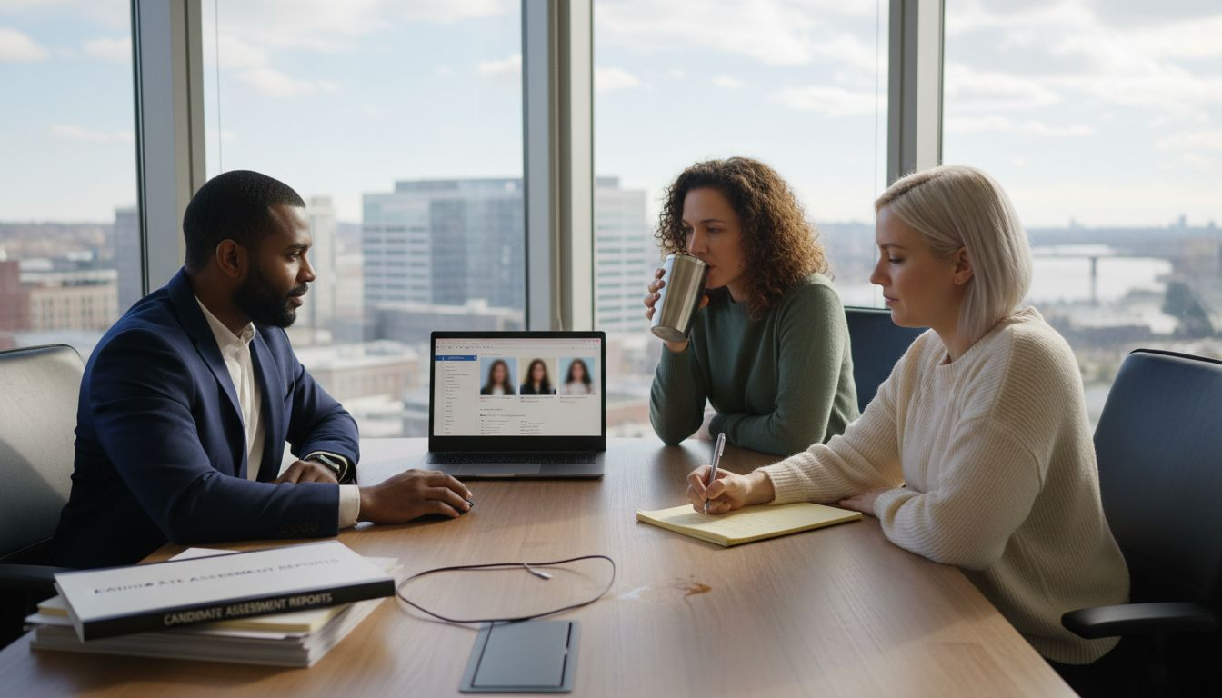 HR leaders reviewing profiles in bright office