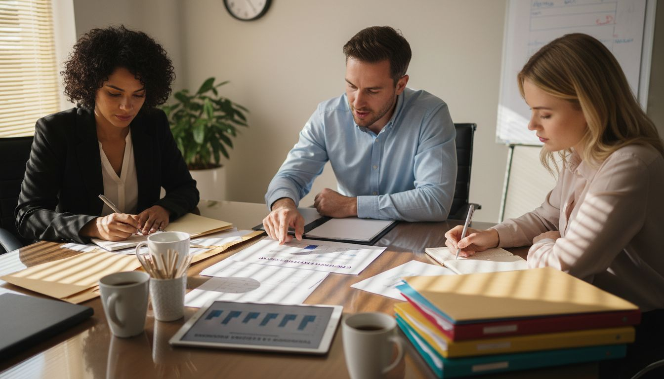 HR team discussing employee retention report