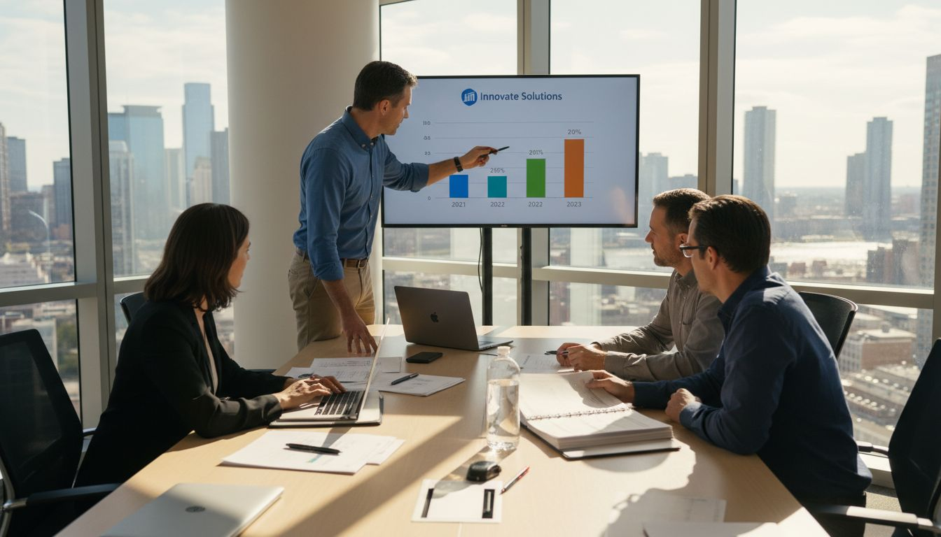 Coworkers reviewing retention reports in office