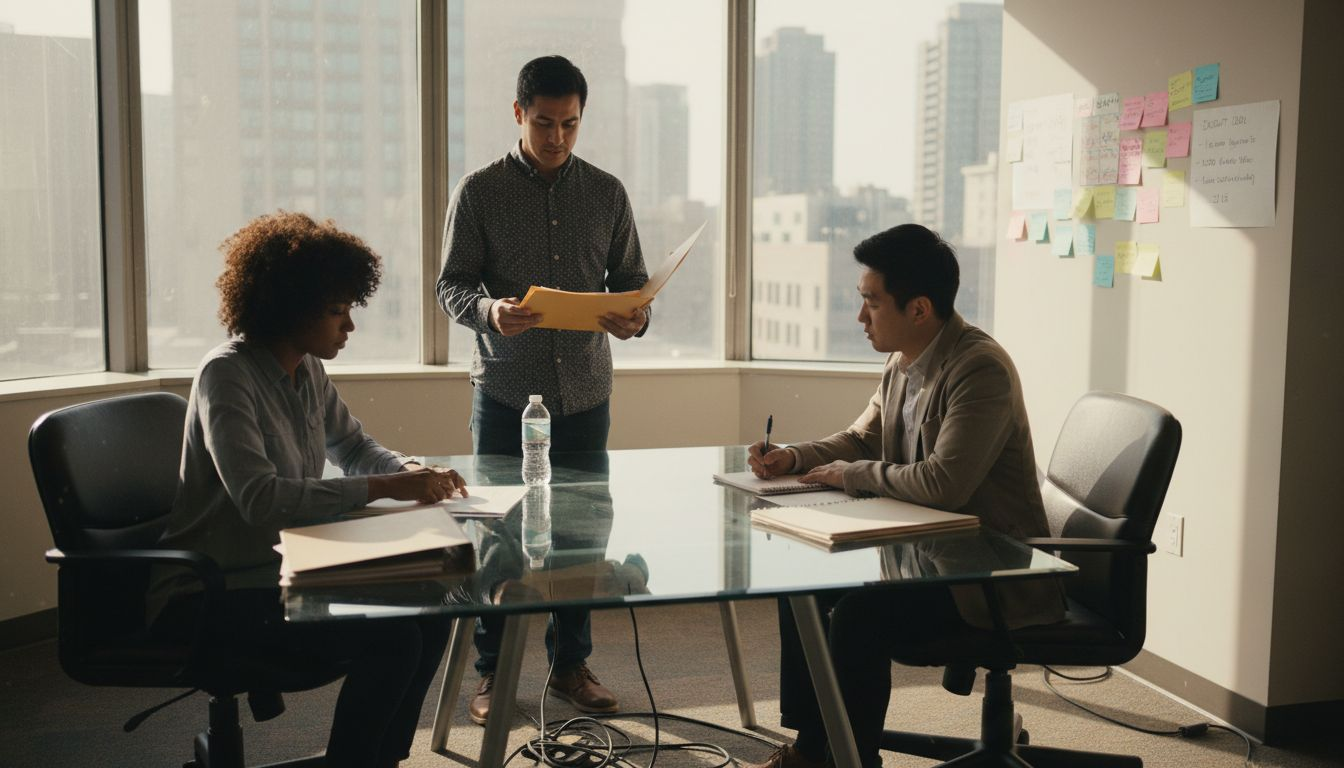Team in office reviewing job fit data