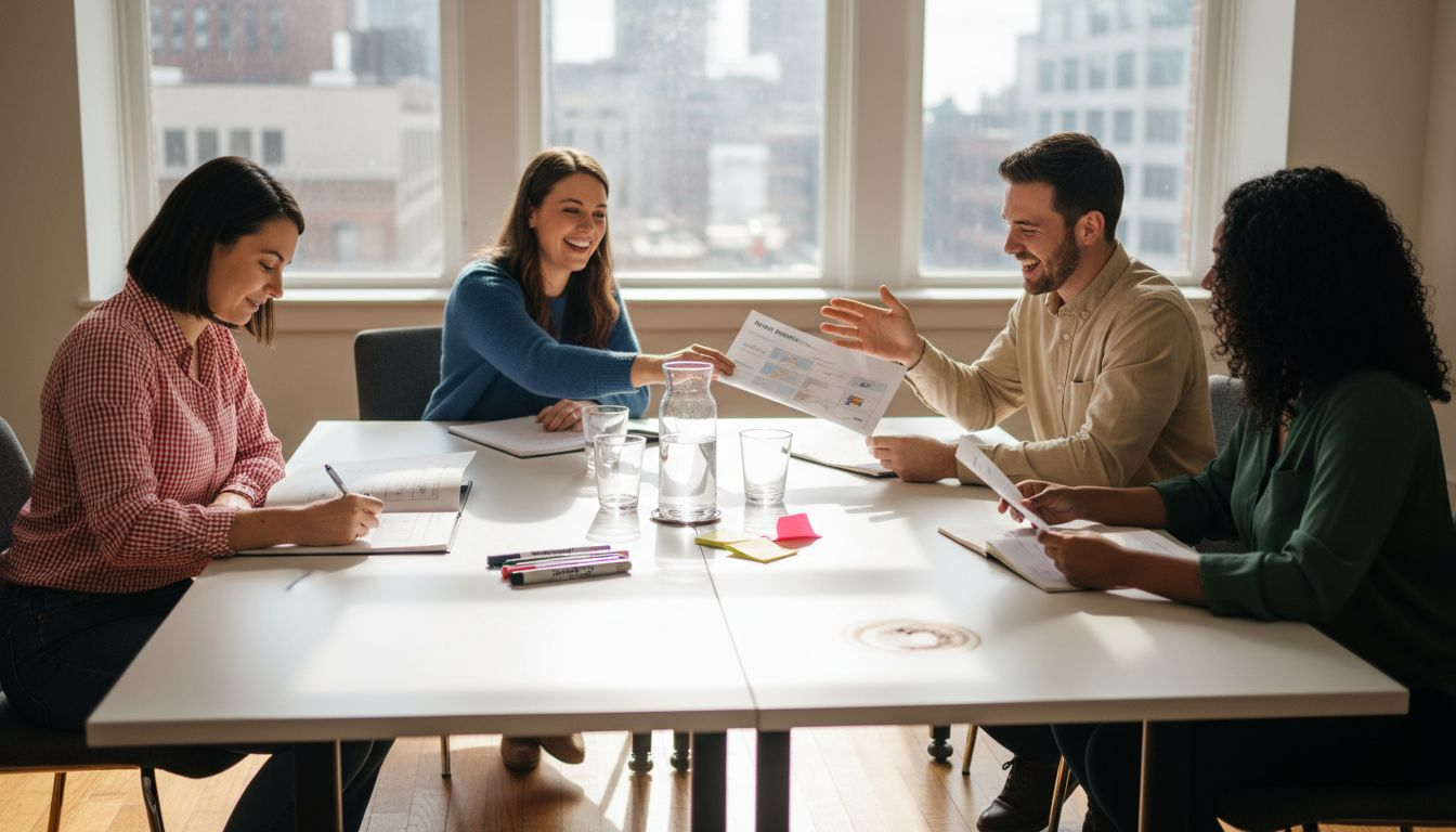 Team discussing personality profiles in meeting