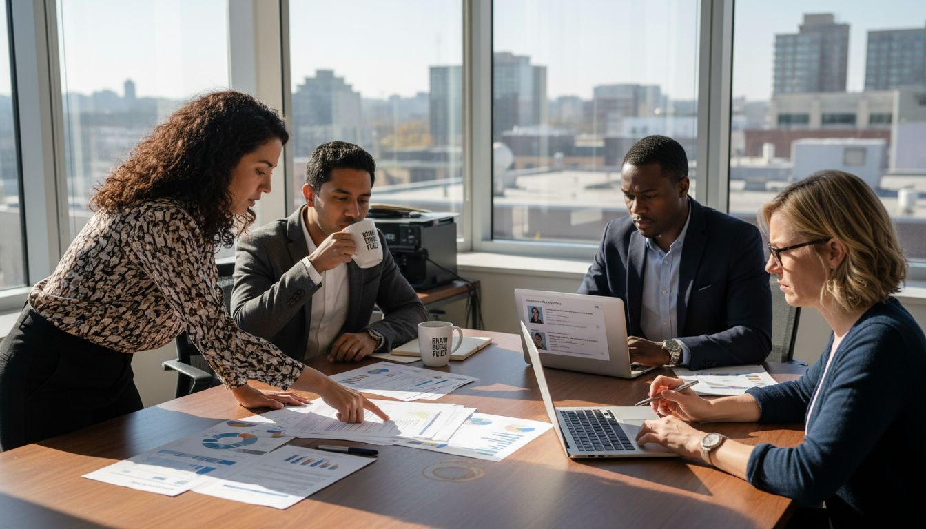Team reviewing resumes for recruitment strategy