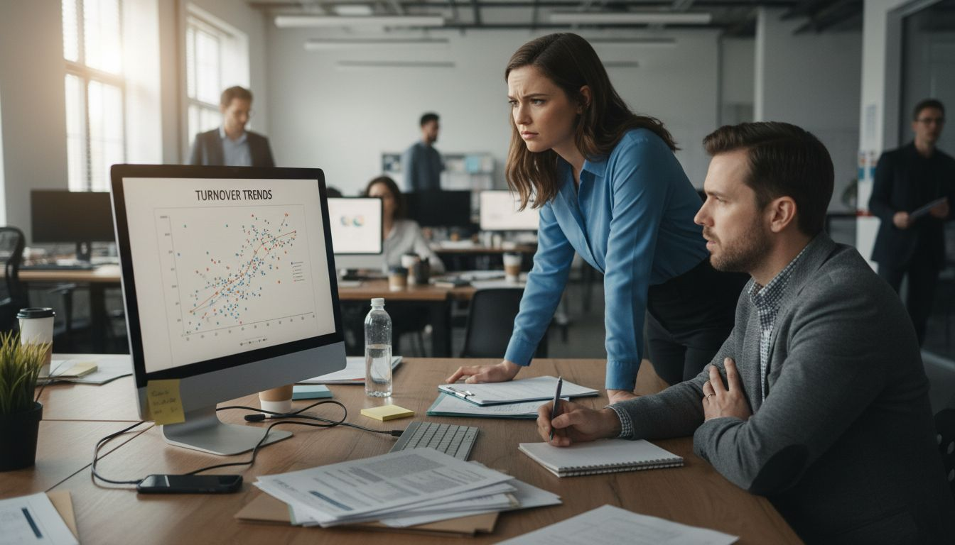 HR team reviewing turnover trend chart