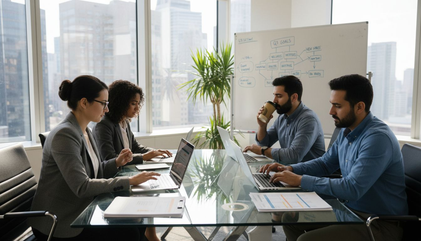 HR team working with analytics in bright office