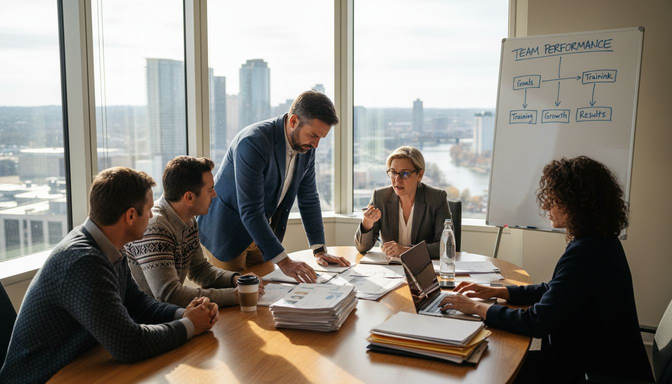 HR team discusses employee assessments in office