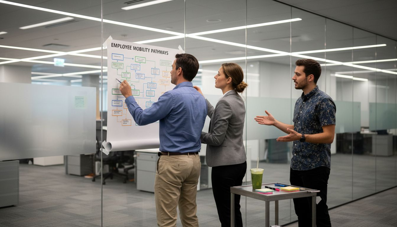 Employees discussing talent mobility process flowchart