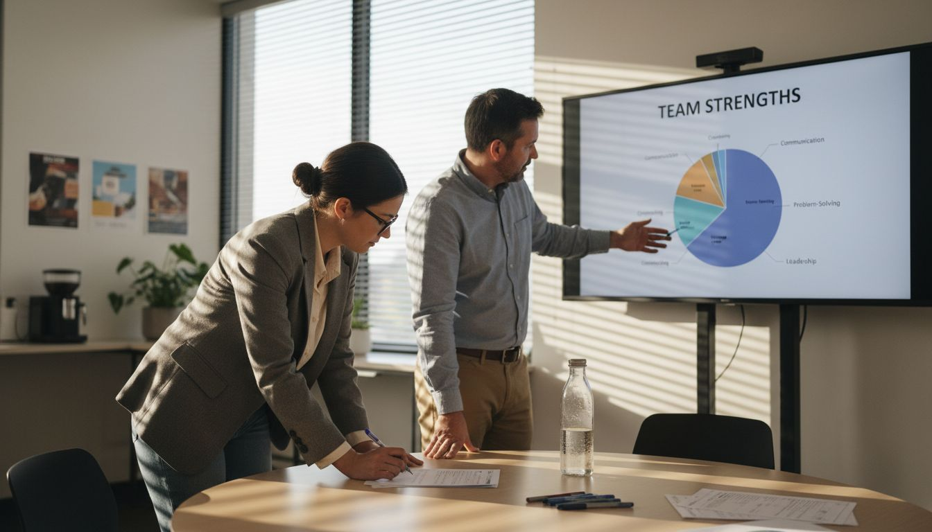 Coworkers discussing team assessment results