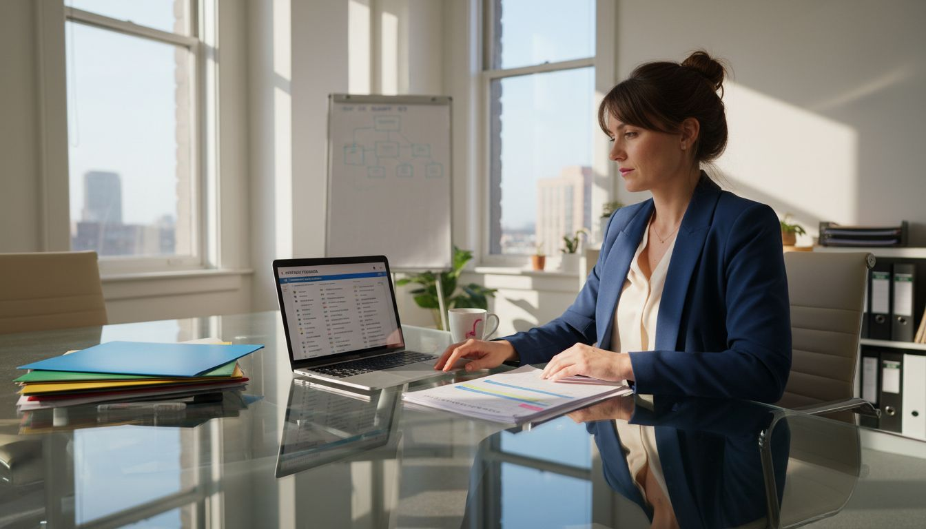 HR manager reviews resumes and reports in bright office
