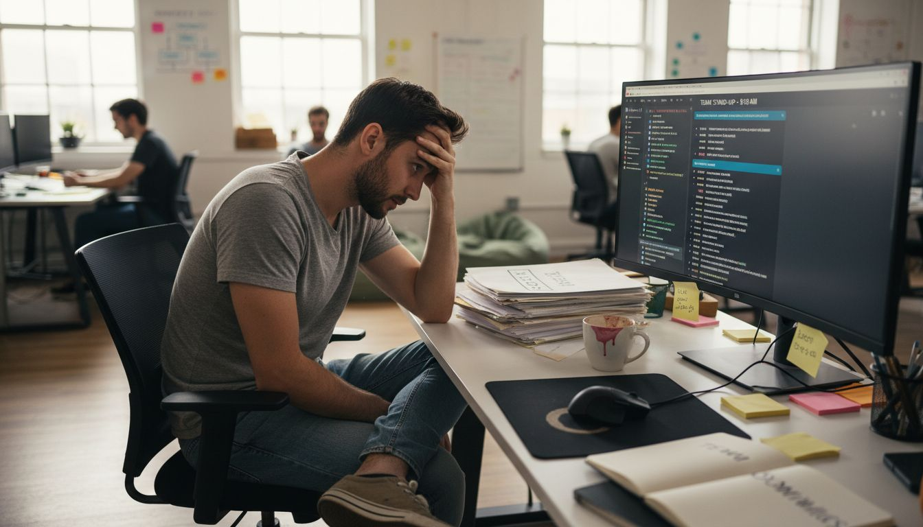 Software developer appears frustrated at work