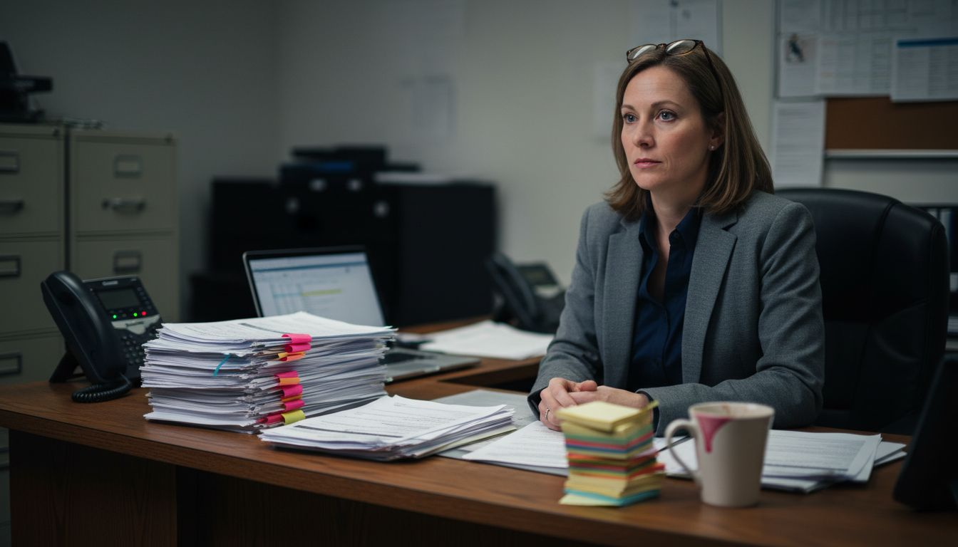 HR manager reviewing resumes at desk