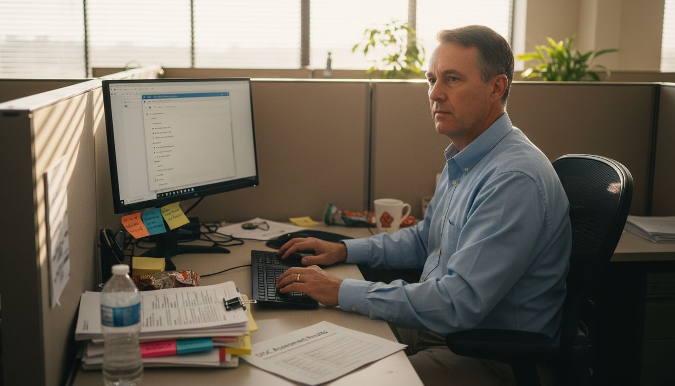 Employee focused in personalized office workspace