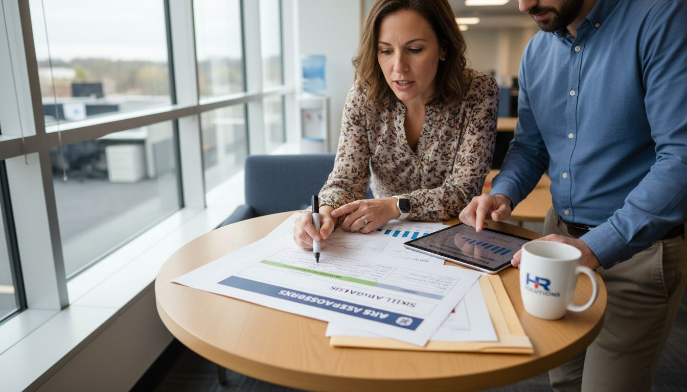 HR managers reviewing skills framework chart