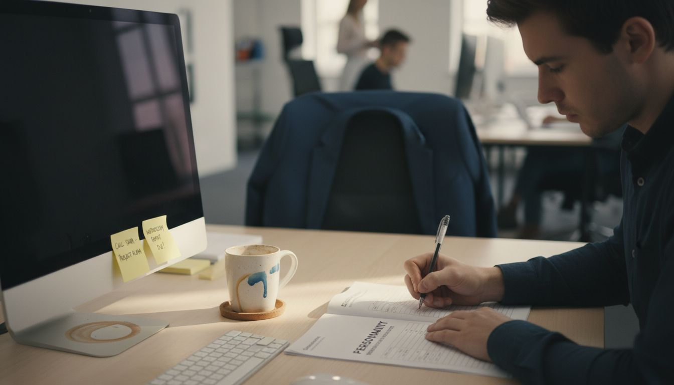 Employee completing personality test at desk