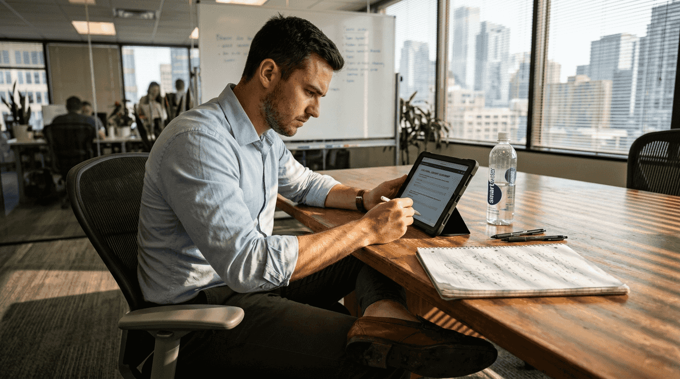 Candidate completing assessment at office table