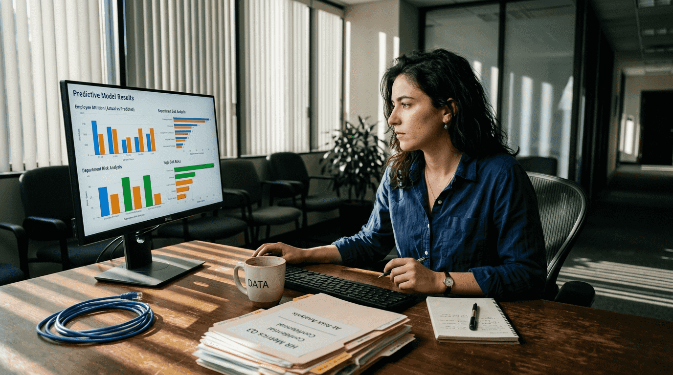 Analyst reviewing HR machine learning results