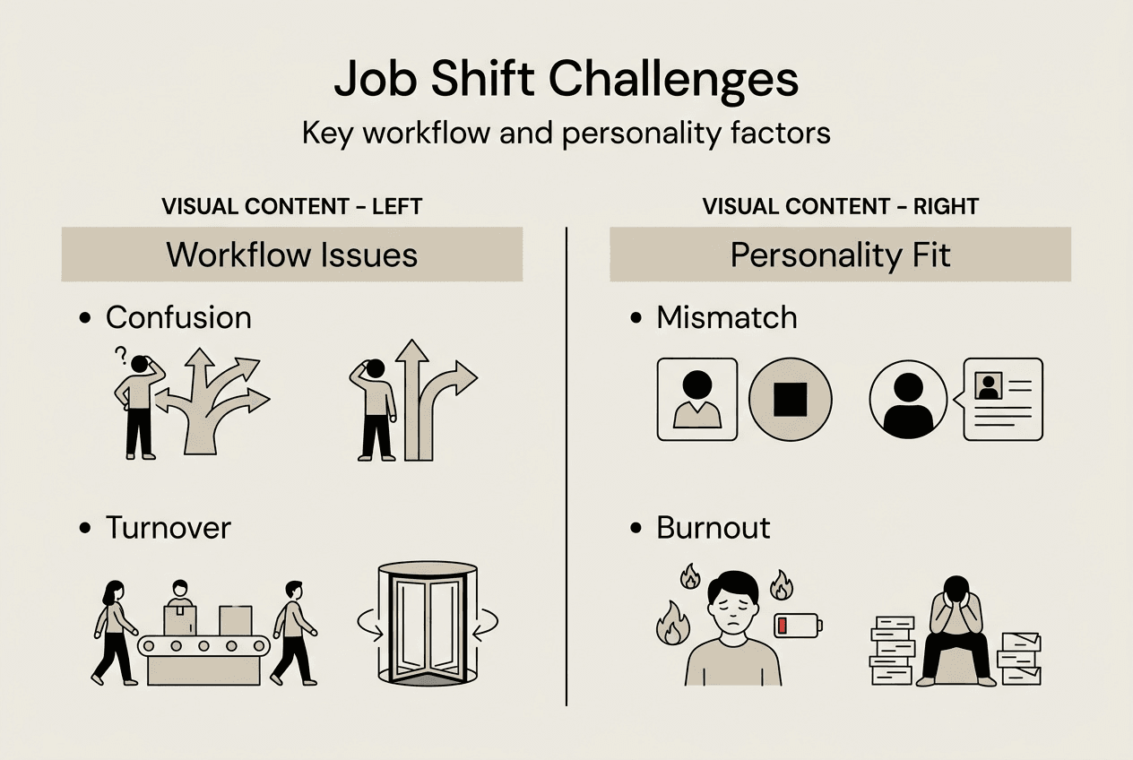 Infographic on job shift workflow and personality challenges