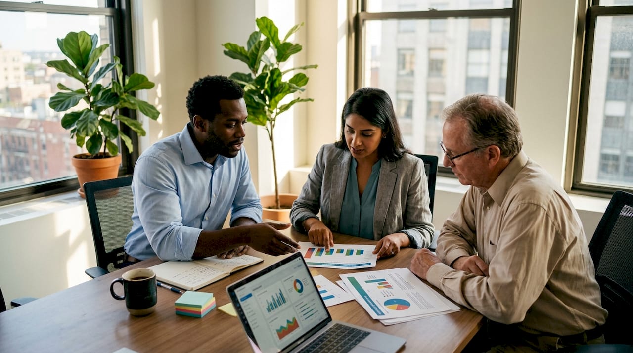 Employees discussing engagement results in bright office