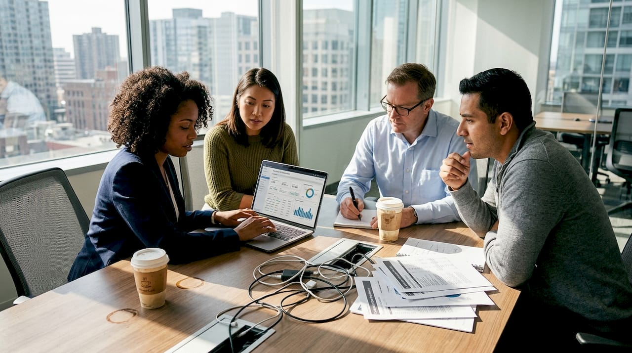 Team in office reviewing workforce optimization metrics