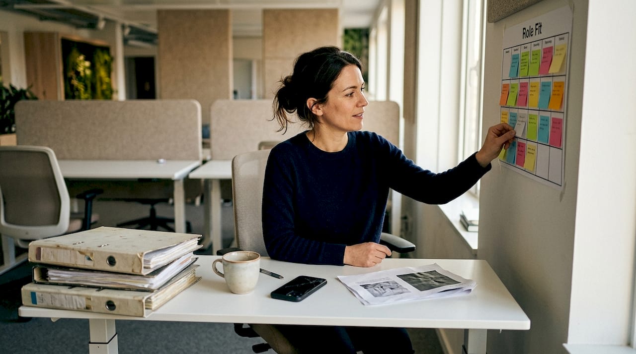Manager reviewing role fit notes in workspace