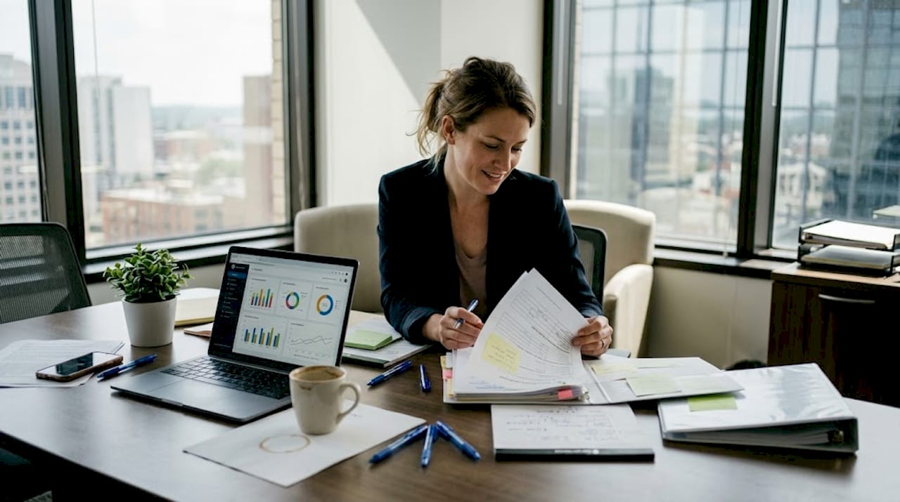 Manager reviewing employee assessment forms at desk