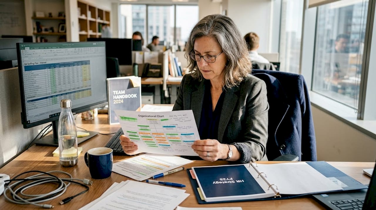 HR manager reviews org chart at desk