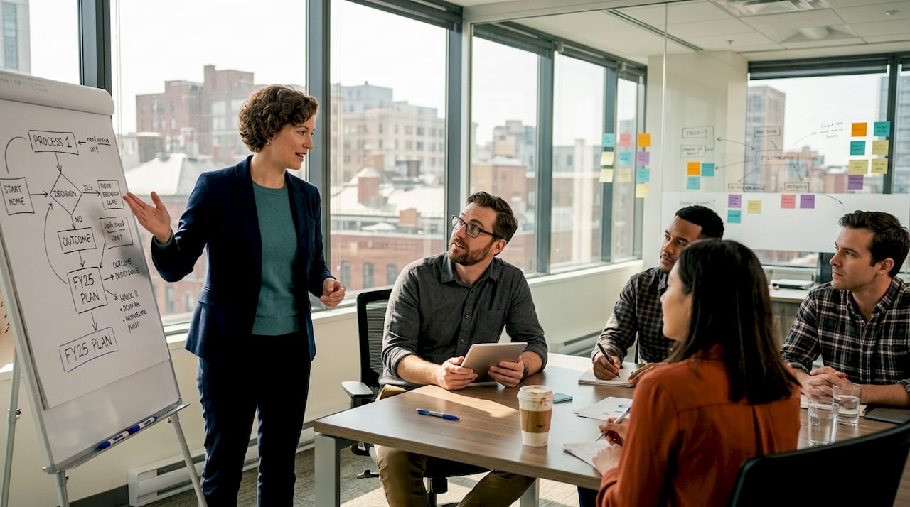 Team discussing restructuring strategies in office