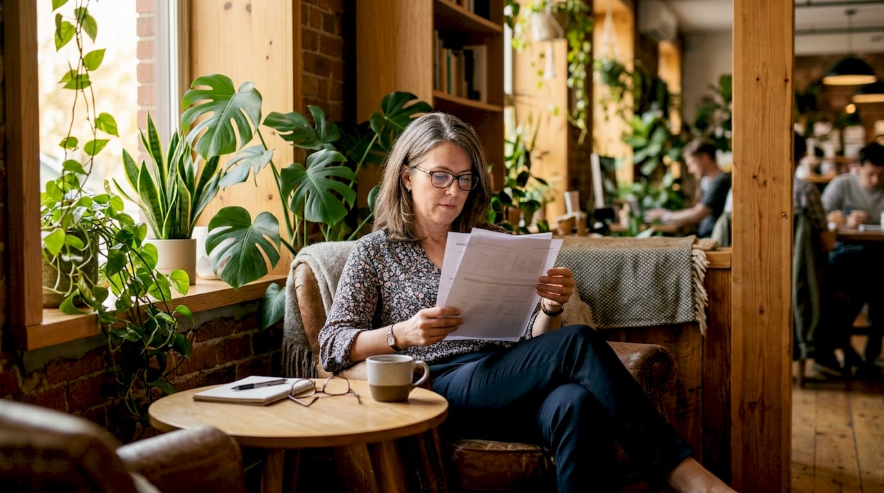 Manager reviewing employee performance report in office