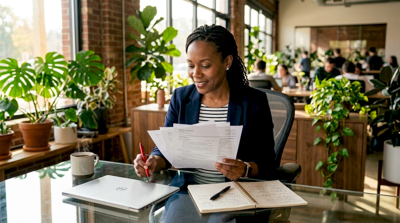 Recruiter reviewing candidate resumes at desk