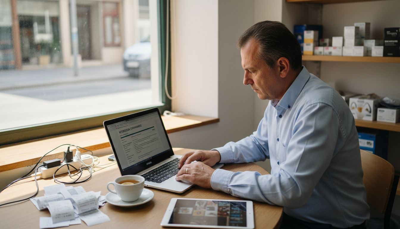 Επιχειρηματίας μικρού καταστήματος φροντίζει να ανανεώσει την ιστοσελίδα της επιχείρησής του μέσα από το γραφείο του.