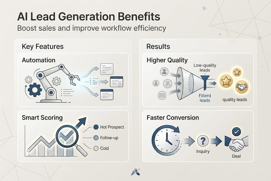 Infographic showing AI lead generation features and results