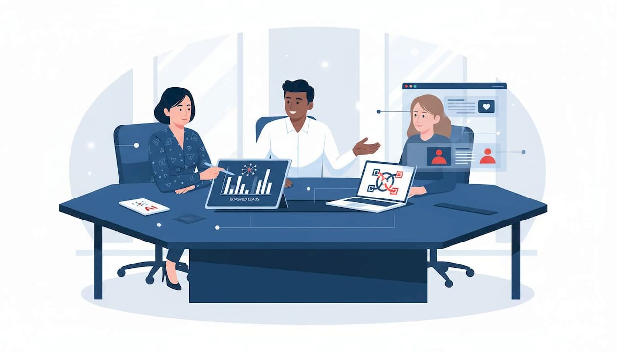 Team reviews printed AI lead analytics data