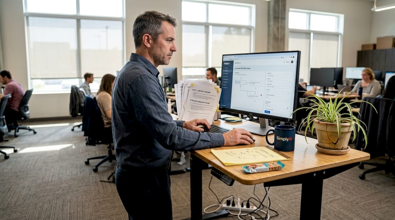 Employee sets up workflow automation at desk