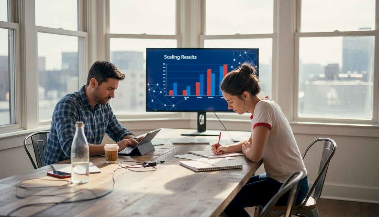 Team collaborating on AI business scaling