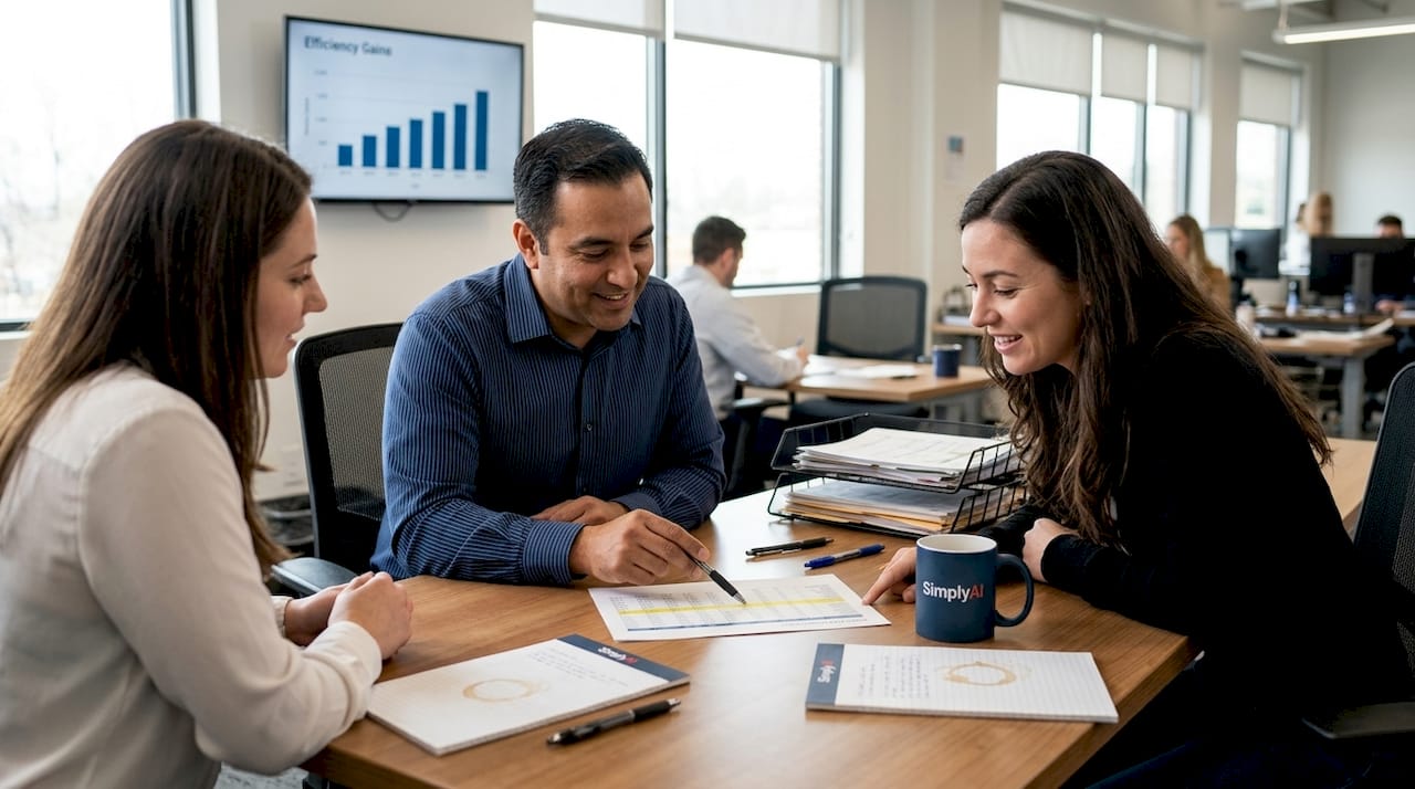 Coworkers discuss data around meeting table