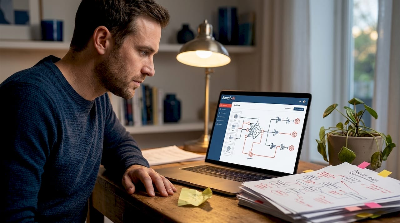 Manager examining automation workflow on laptop