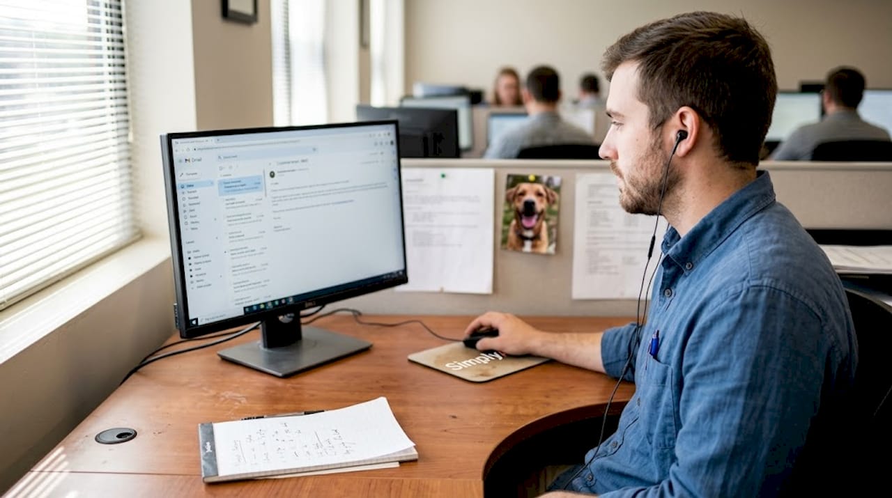 Support worker reading customer email on screen