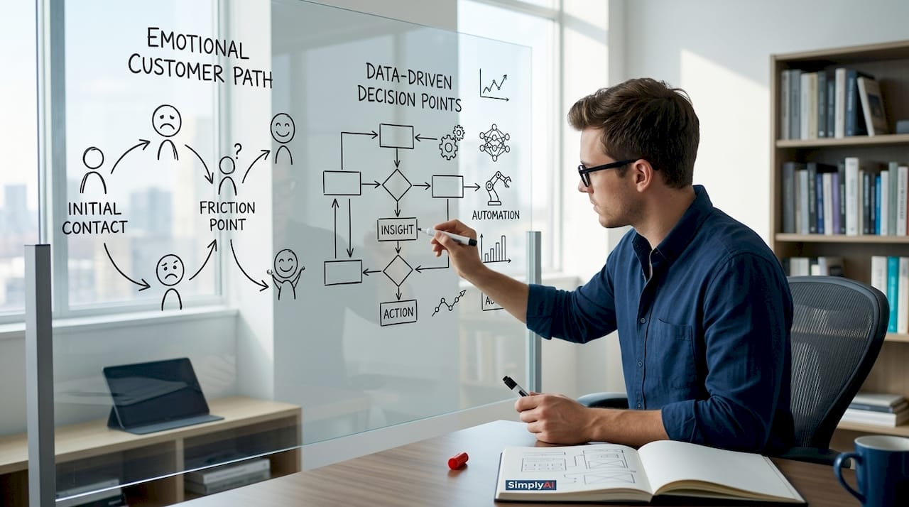UX designer drawing dual journey workflow on whiteboard