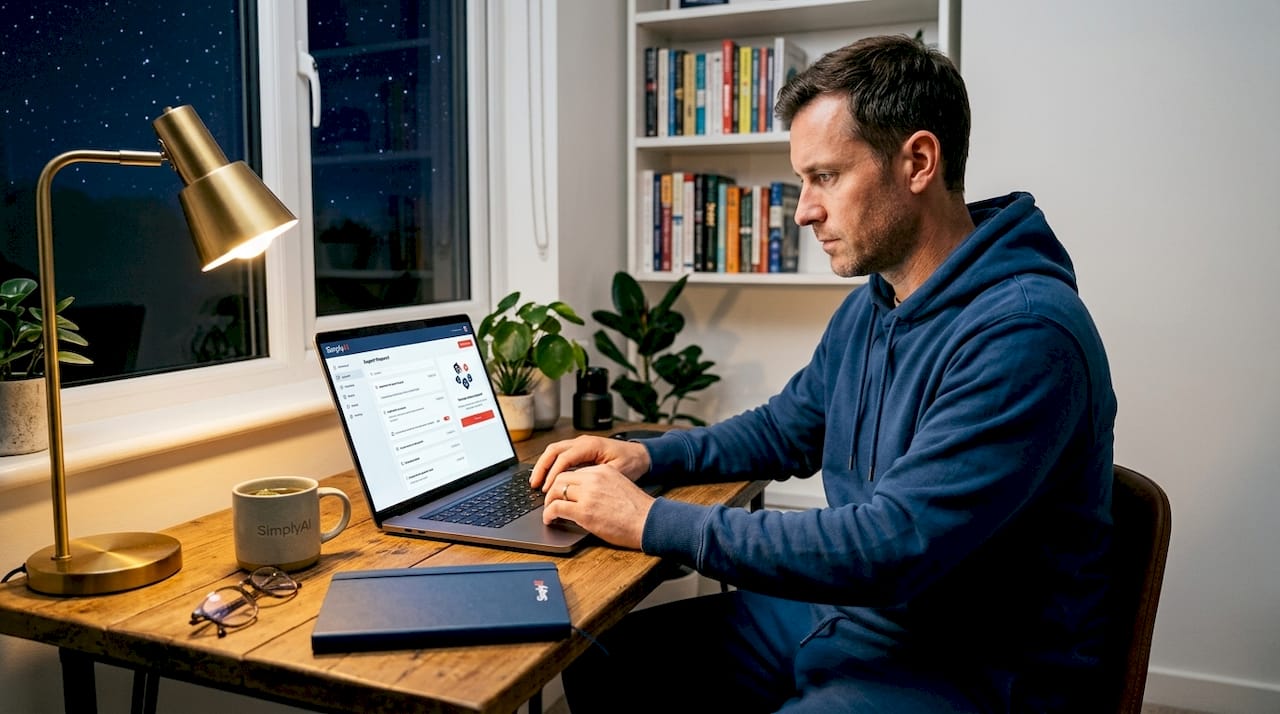 Man monitoring chatbot support dashboard at night