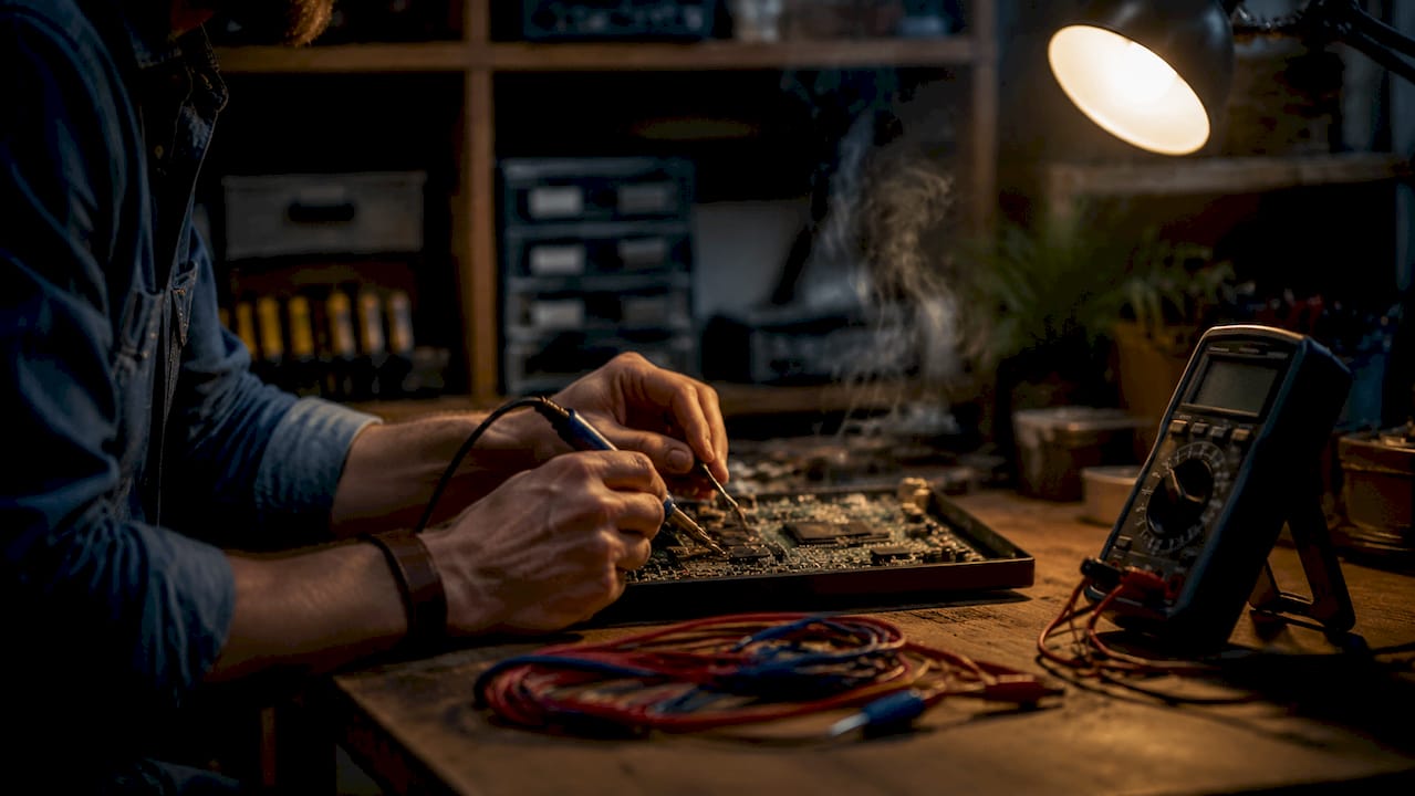 Hands assembling technical hardware components