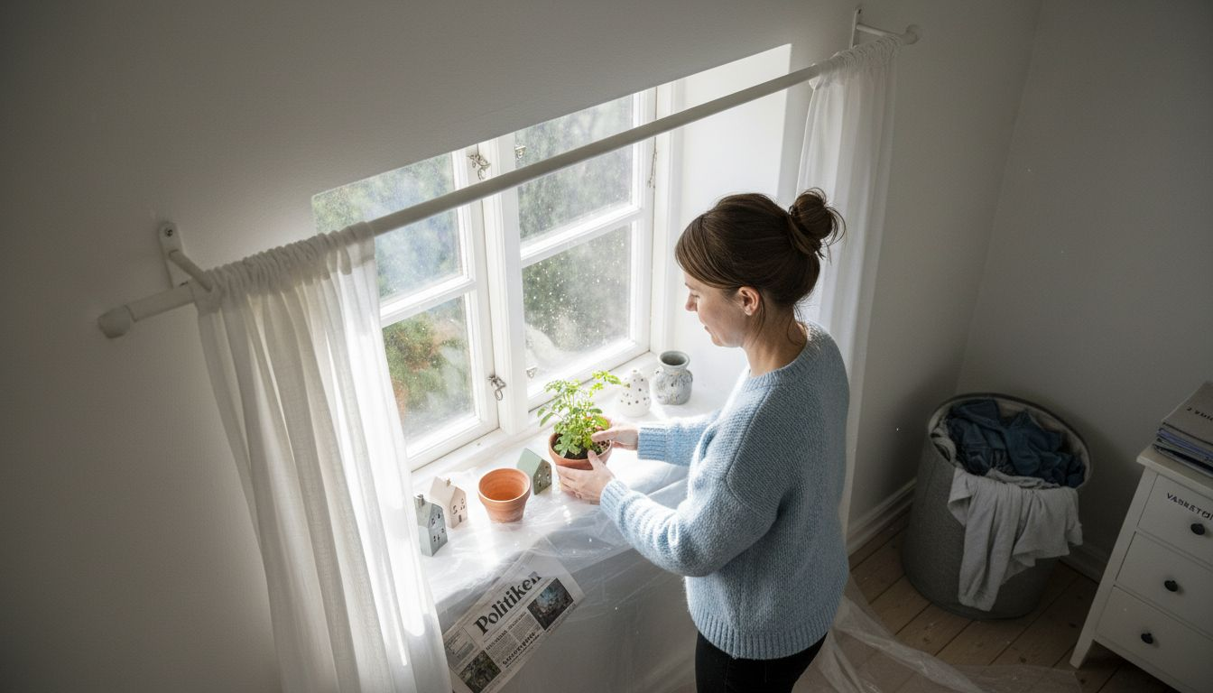 En kvinde rydder op i vindueskarmen, før hun går i gang med at gøre rent.