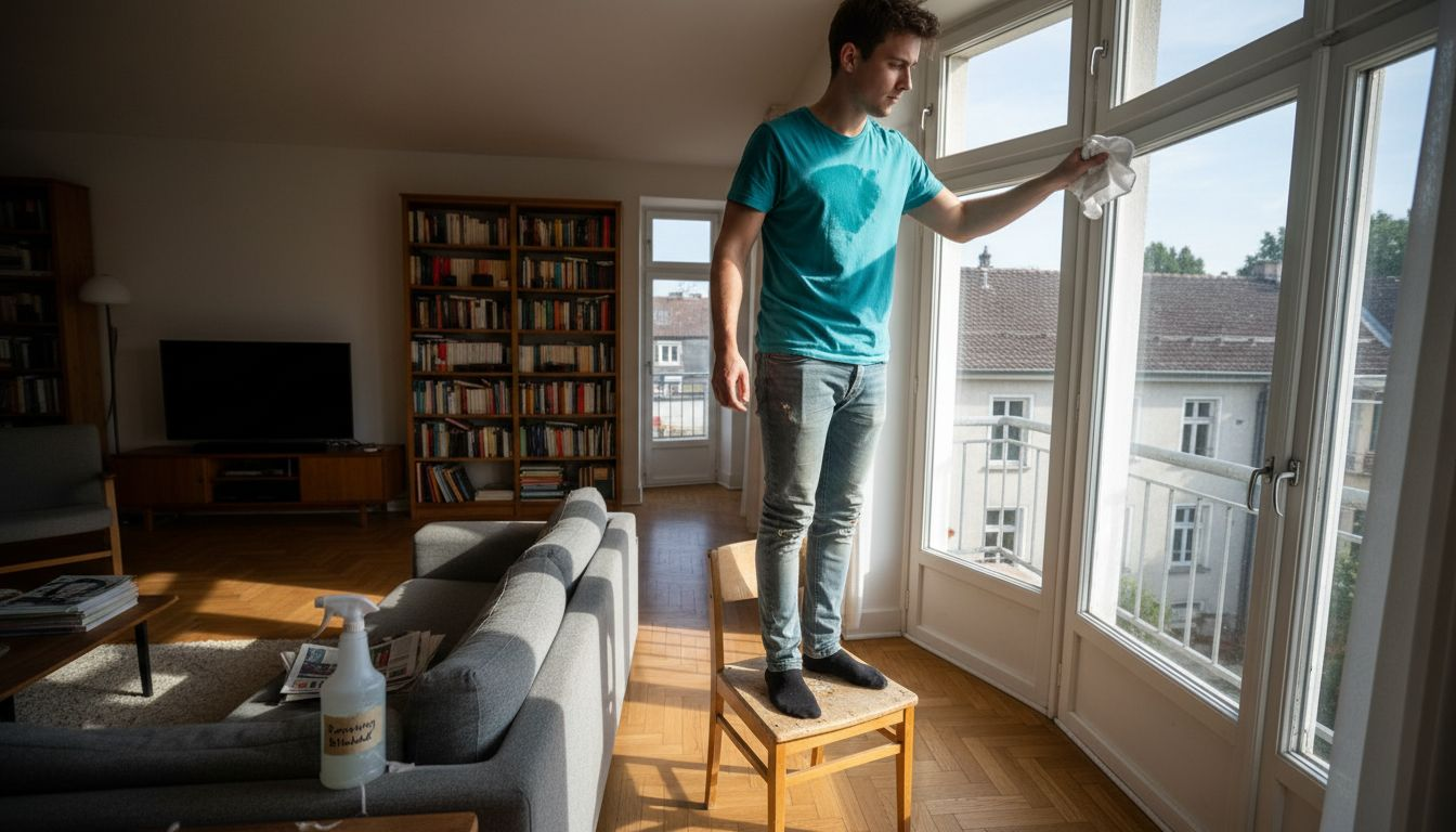 Mand pudser vinduer med miljøvenlige løsninger