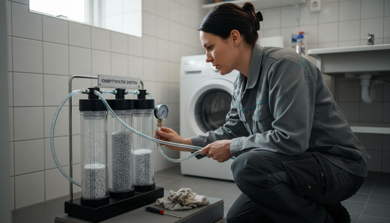 En servicetekniker er i gang med at justere ionbytterfilteret hjemme hos kunden.